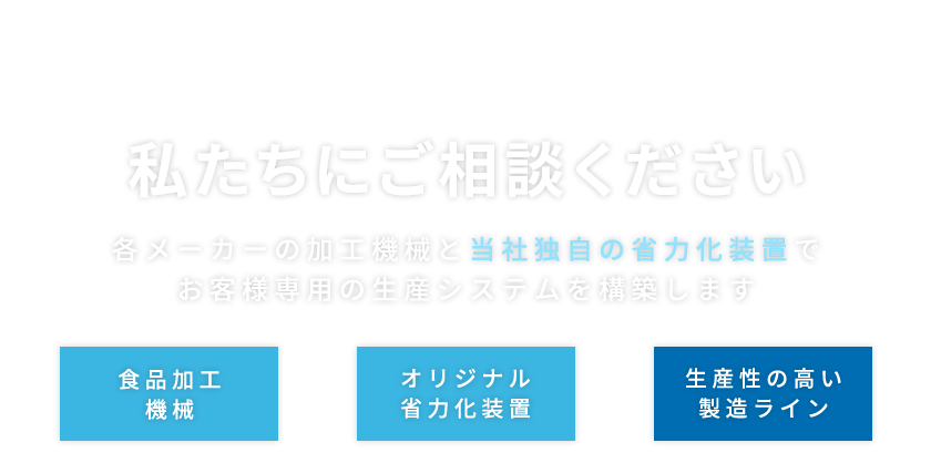 私たちにご相談ください 各メーカーの加工機械と当社独自の省力化装置でお客様専用の生産システムを構築します